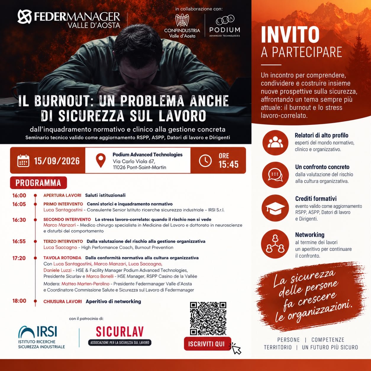 Locandina del seminario «Il burnout: un problema anche di sicurezza sul lavoro», 15 settembre 2026, Pont-Saint-Martin