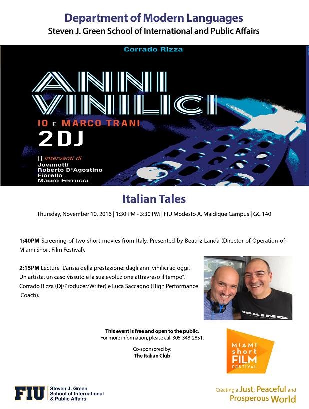 Flyer dell'evento «Italian Tales» — FIU, Miami, 10 novembre 2016