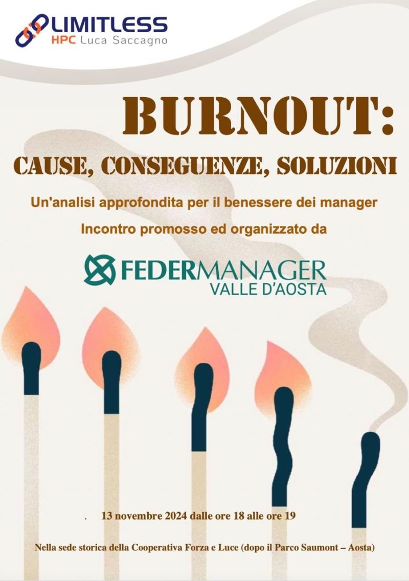 Locandina dell'incontro «Burnout: cause, conseguenze, soluzioni» — Federmanager Valle d'Aosta, 13/11/2024